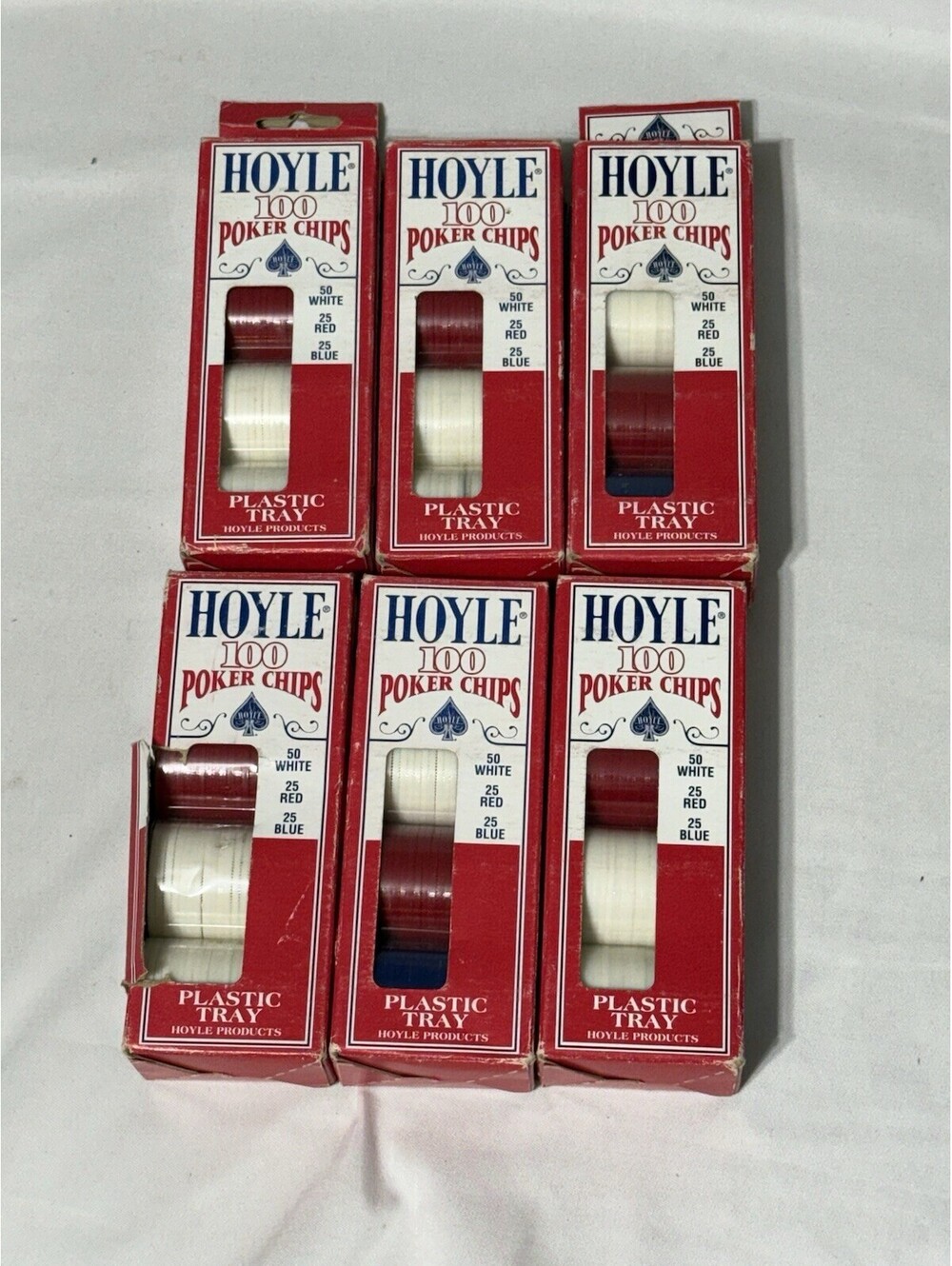(6) 100 Vintage HOYLE Interlocking Poker Chips Red White Blue Plastic Washable